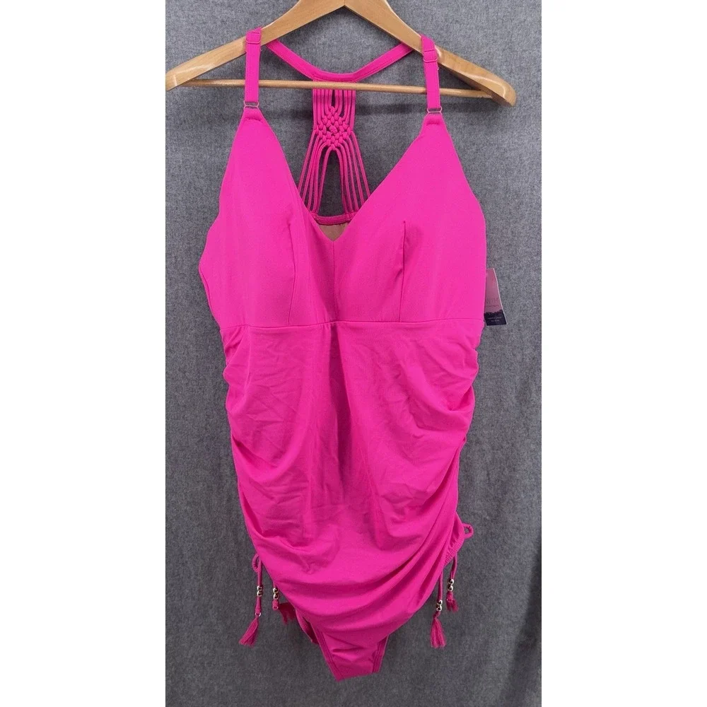 Cacique Lane Bryant 28 Hot Pink One Piece Swim Suit Macrame Racerback Ruched New